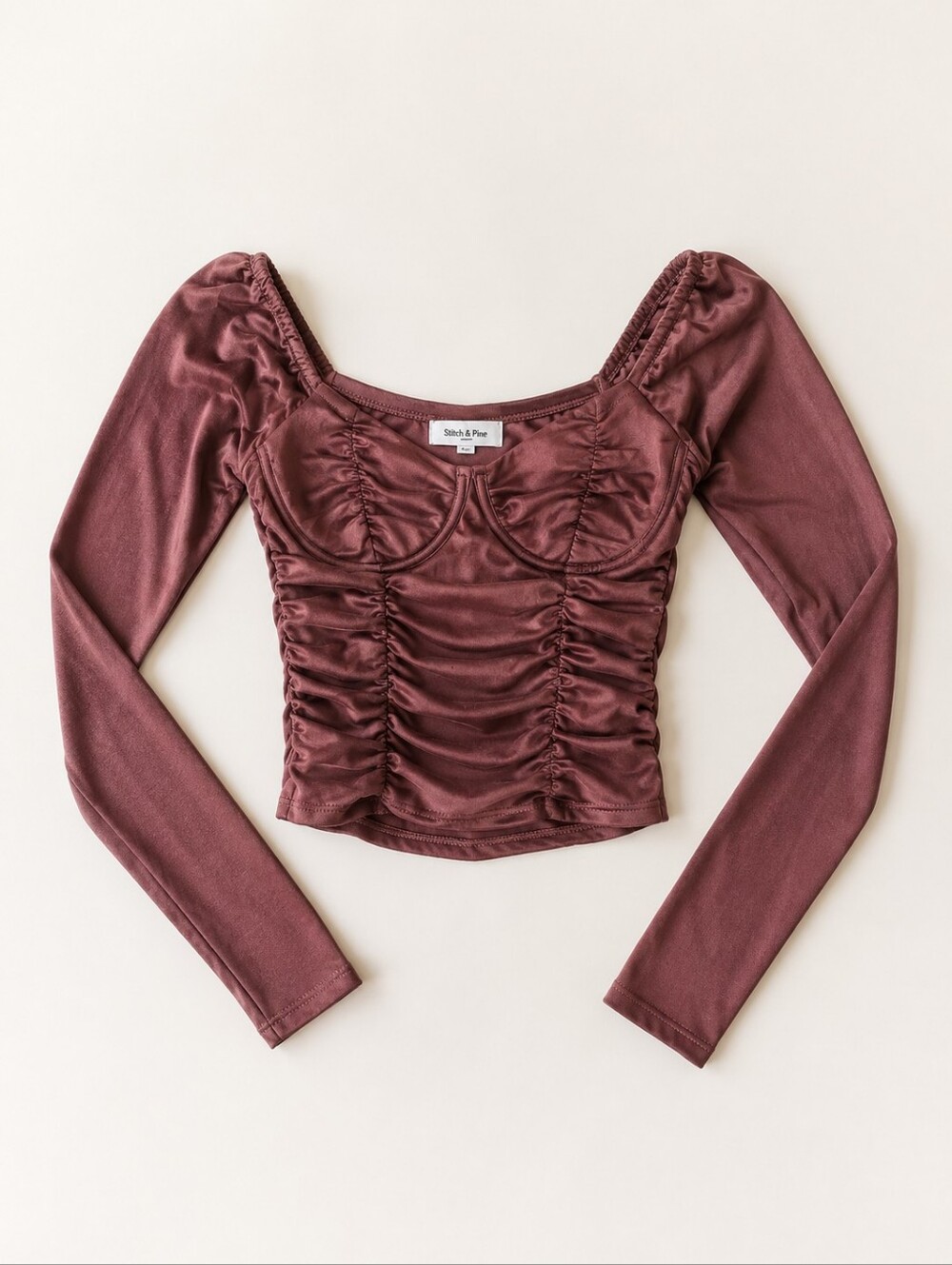 Stitch & Pine Mauve Ruched Corset Long Puff Sleeve Crop Top Romantic Y2K Cottage